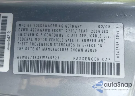 2008 Volkswagen Rabbit из США, поврежденный, VIN WVWBB71KX8W245523